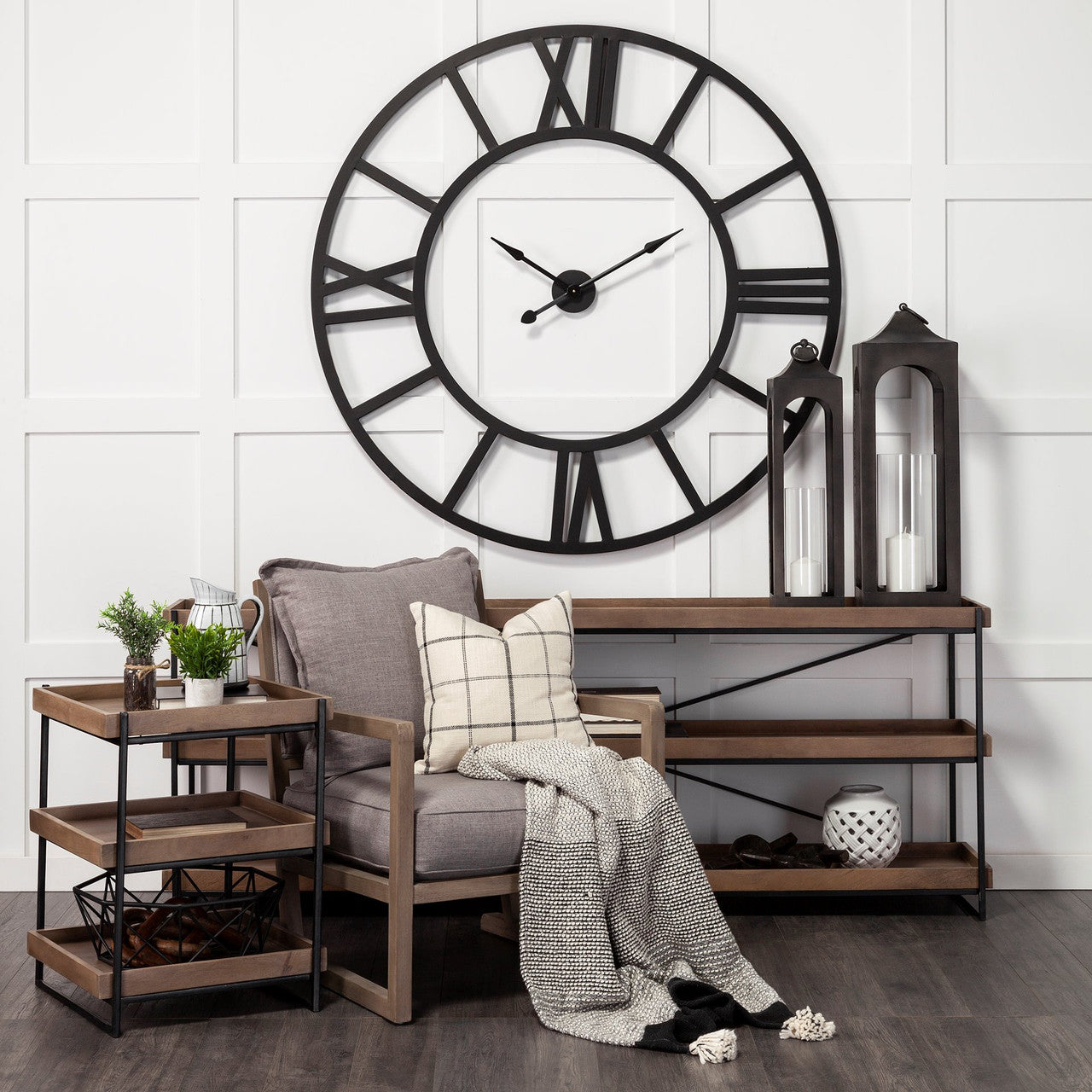 Trey III 20" x 26" Square Medium Brown Wooden Three-Tiered Black Iron Frame End/Side Table