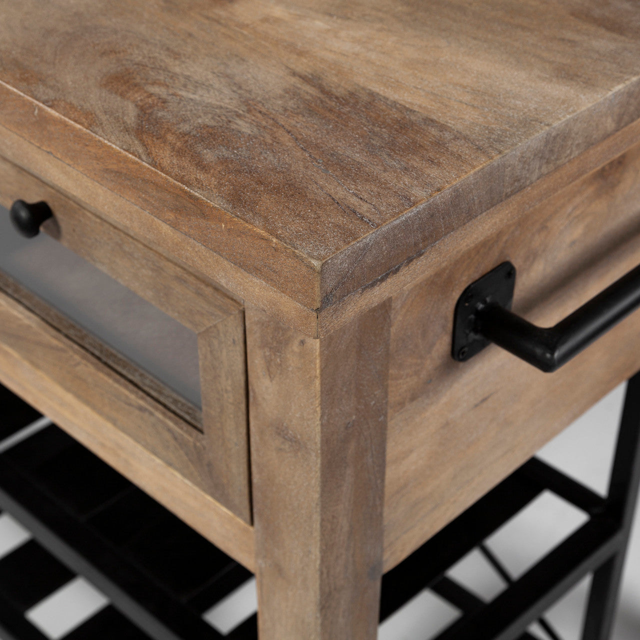 Stuart I Brown Solid Wood Top Two-Tier Black Metal Rolling Kitchen Island