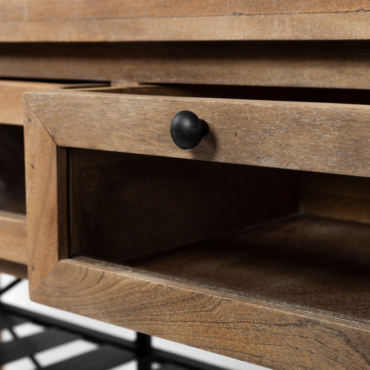 Stuart I Brown Solid Wood Top Two-Tier Black Metal Rolling Kitchen Island