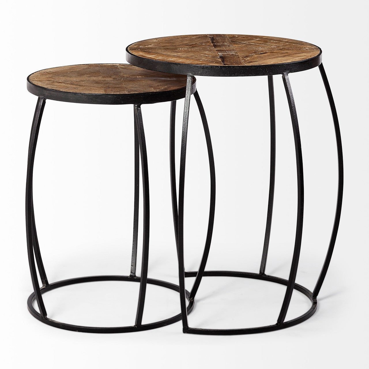 Clapp III (Set of 2) 20L x 20W Brown Round Wood Top W/ Black Metal Frame Nesting Accent Tables