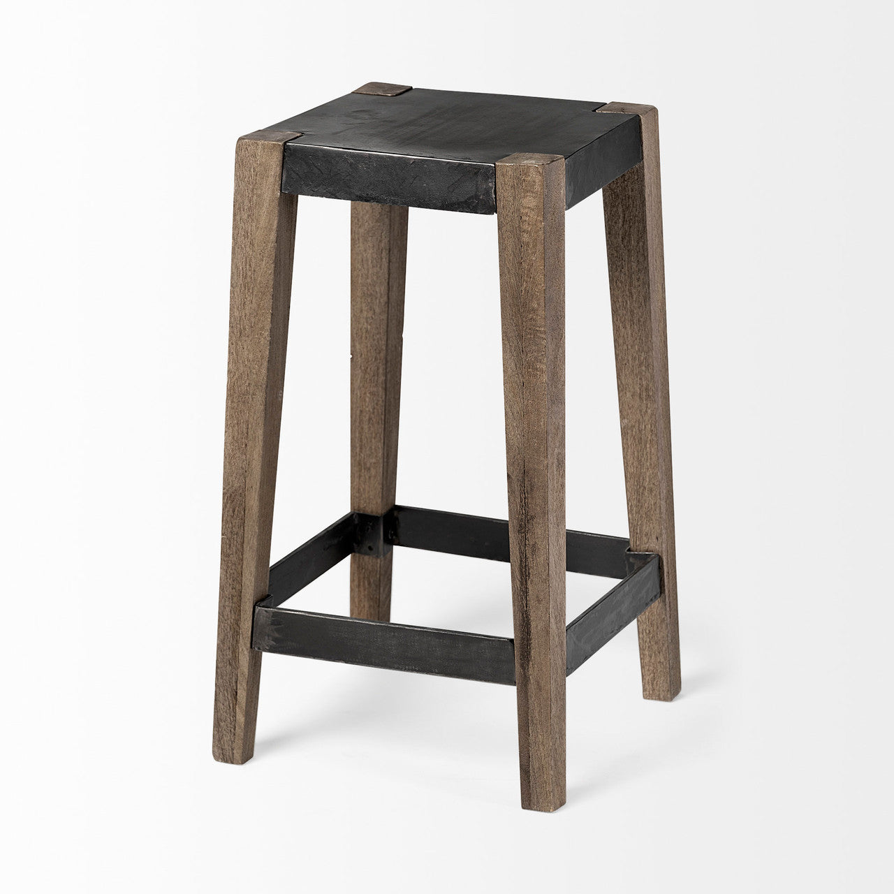 Nell 26" Seat Height Black Metal Seat & Foot Rest With Brown Wood Legs Stool