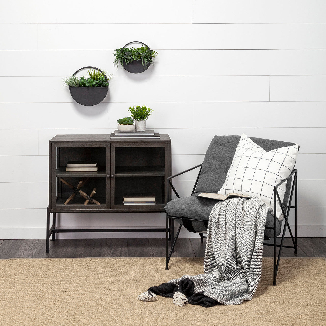Arelius  36L x 18W Black-Brown Wood, Black Metal Base w/ 2 Glass Doors Accent Cabinet