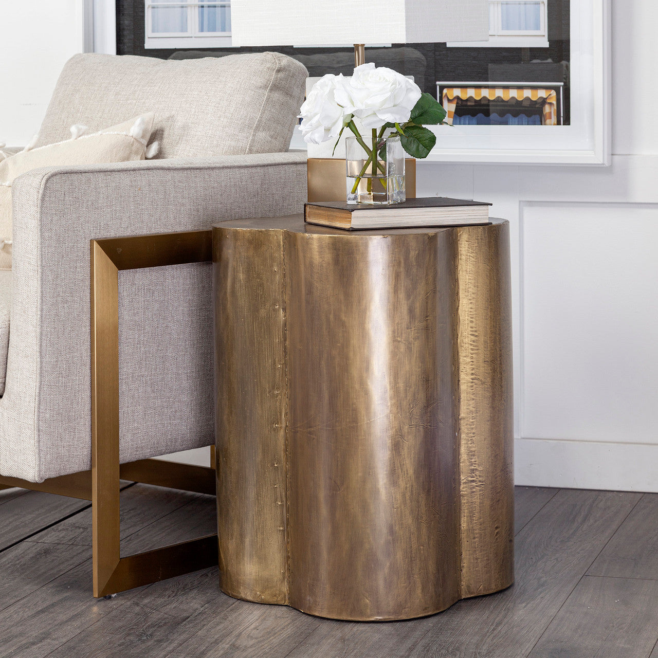 Quatrefoil 18L x 18W Gold Flower W/ Wooden Top Brass Cladding Accent Table