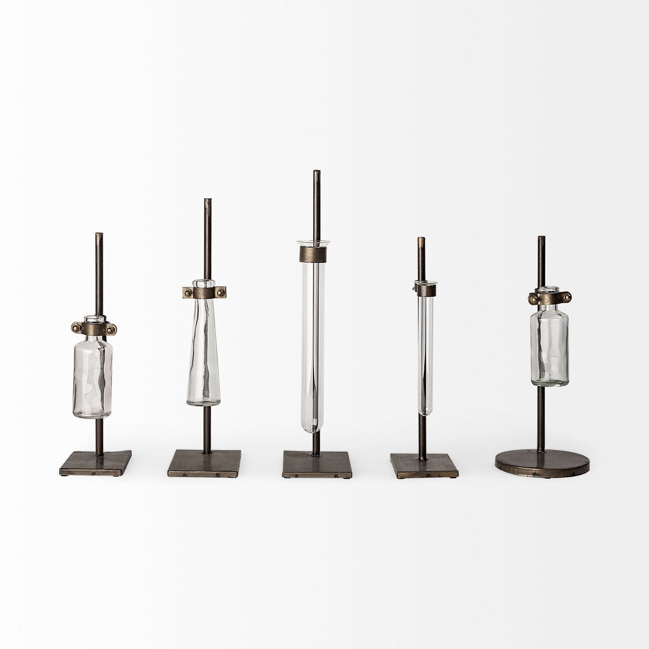 Jarvis Set of Five Dark Brown Metal and Glass Chemistry Inspired Bottles