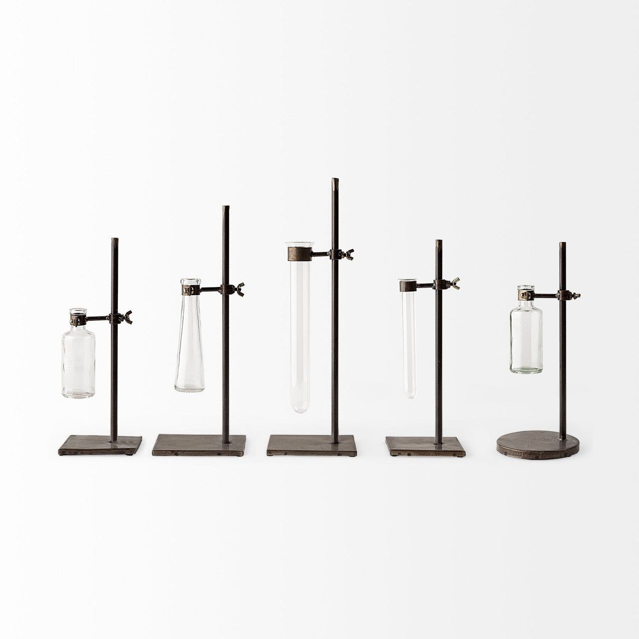 Jarvis Set of Five Dark Brown Metal and Glass Chemistry Inspired Bottles