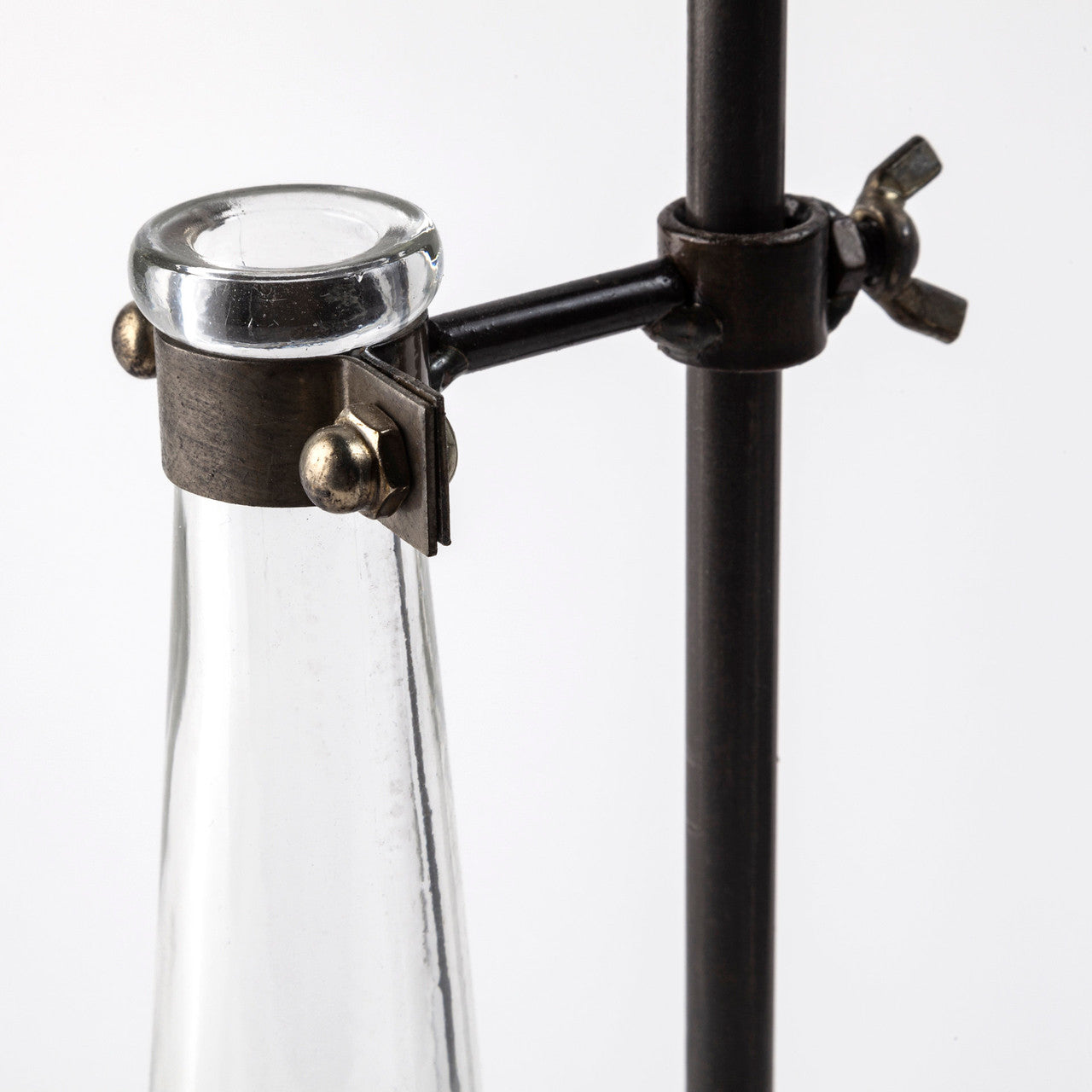 Jarvis Set of Five Dark Brown Metal and Glass Chemistry Inspired Bottles