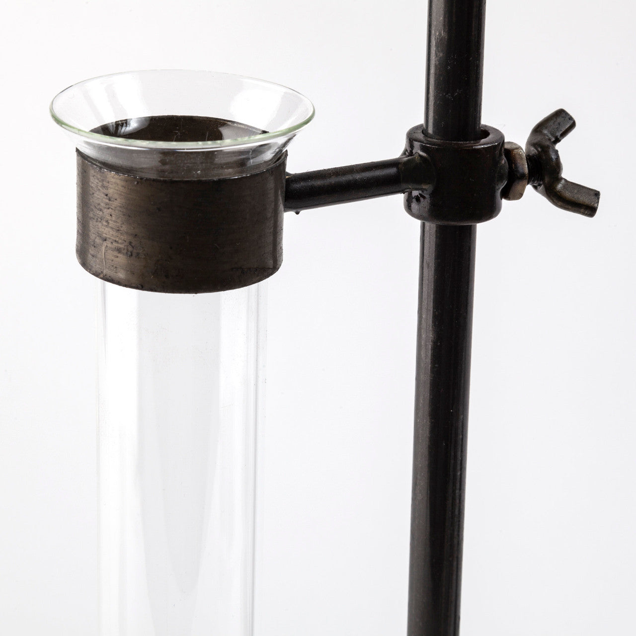 Jarvis Set of Five Dark Brown Metal and Glass Chemistry Inspired Bottles
