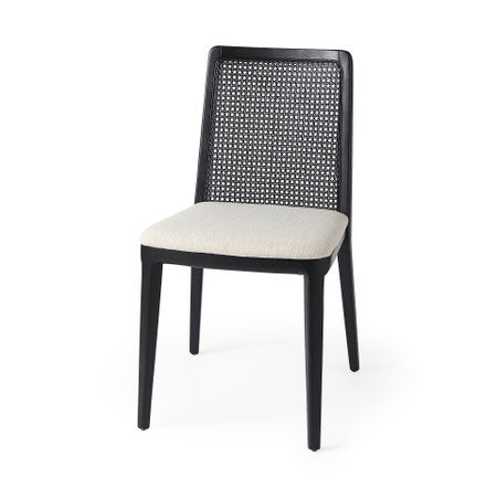 Clara Black Wood W/ Cream Fabric Seat and Cane Back Armless Dining Chair