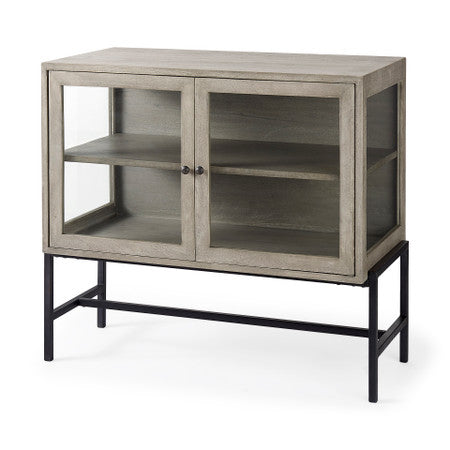 Arelius Gray Wood, Black Metal Base w/ 2 Glass Doors Accent Cabinet