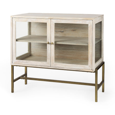 Arelius White Wood, Gold Metal Base w/ 2 Glass Doors Accent Cabinet