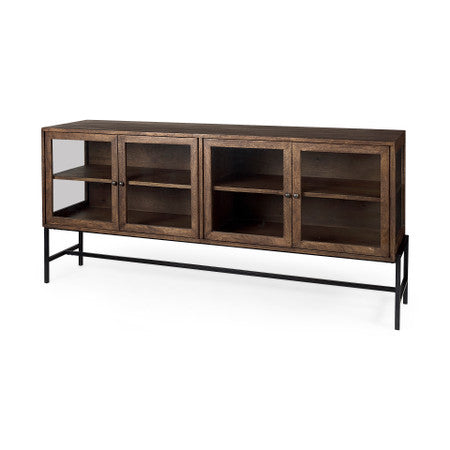 Arelius Medium Brown, Black Metal Base w/ 4 Glass Door Cabinets Sideboard