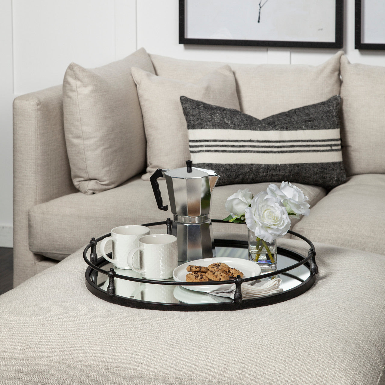 Kimbel 24L x 24W Black Metal Mirrored Base Round Tray