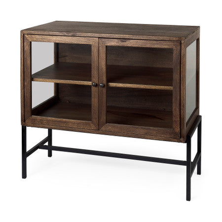 Arelius Medium Brown Wood, Black Metal Base w/ 2 Glass Doors Accent Cabinet
