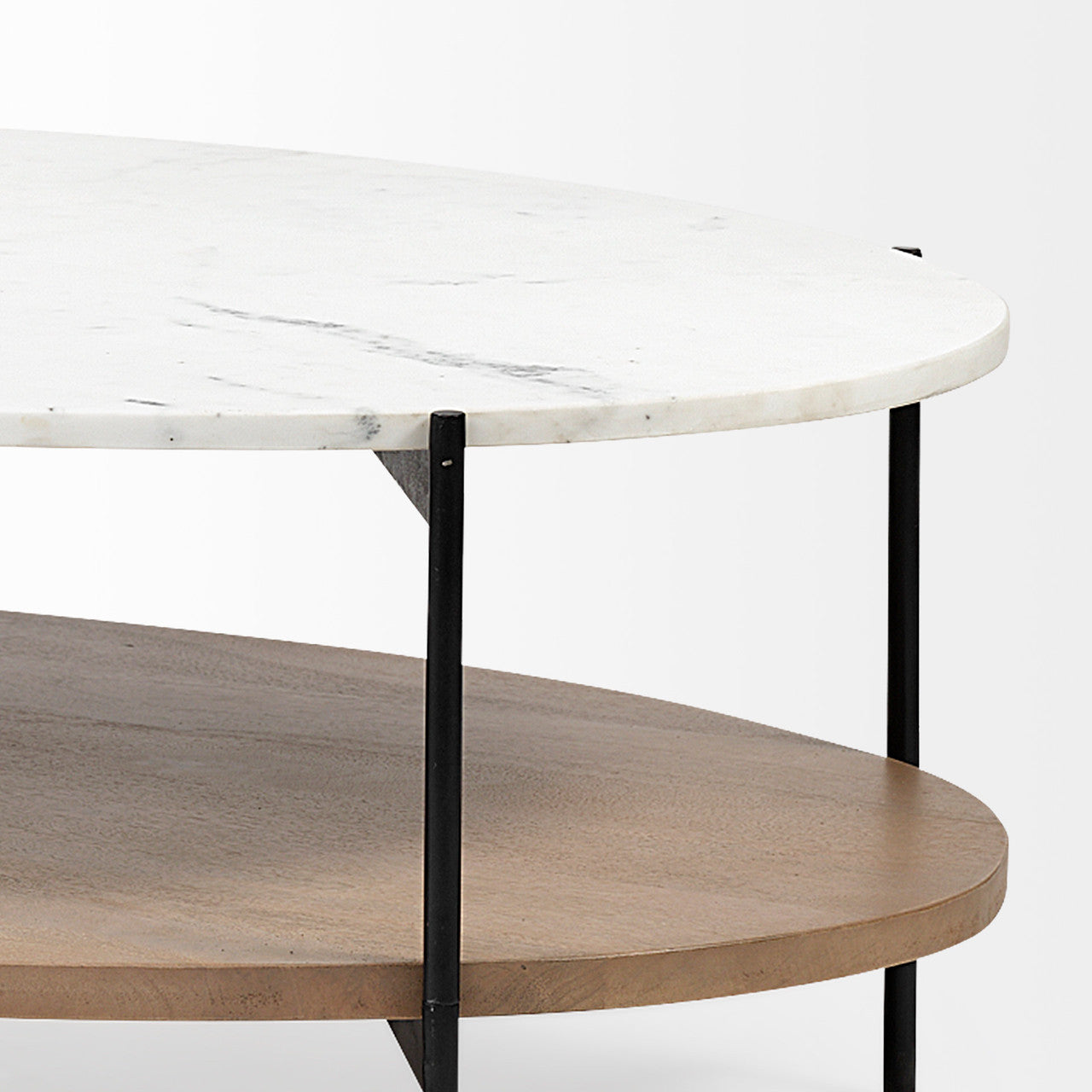 Larkin 48" Oval White Marble Top and Solid Wood Shelf w/ Black Metal Frame Coffee Table