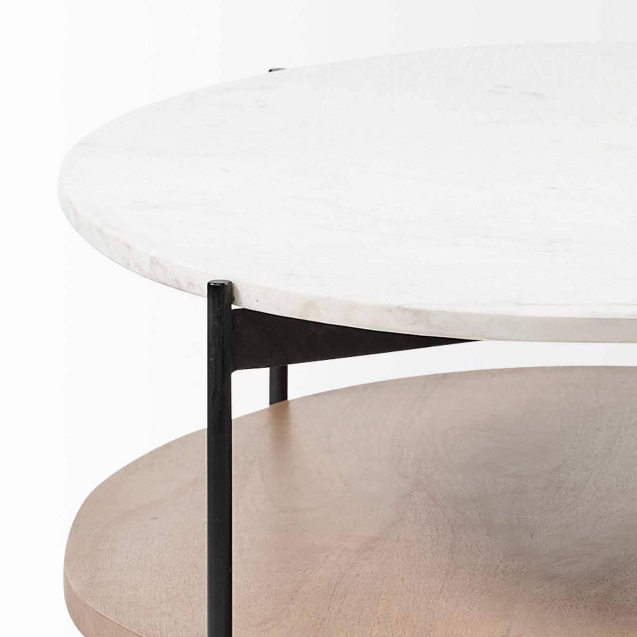 Larkin 48" Oval White Marble Top and Solid Wood Shelf w/ Black Metal Frame Coffee Table