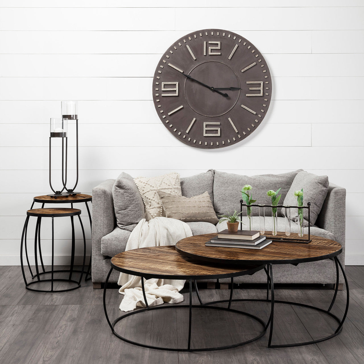 Clapp IV (Set of 2) 20L x 20W Brown Round Wood Top W/ Black Iron Frame Nesting Accent Tables