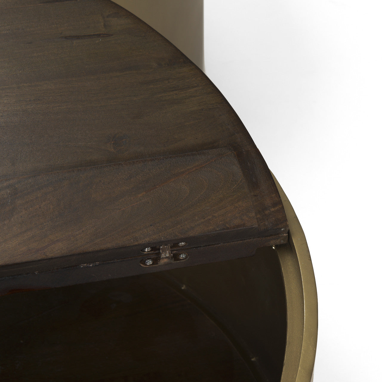 Eclipse Antique Brass Metal Drum Base w/ Dark Brown Wood Top Nested Coffee Table