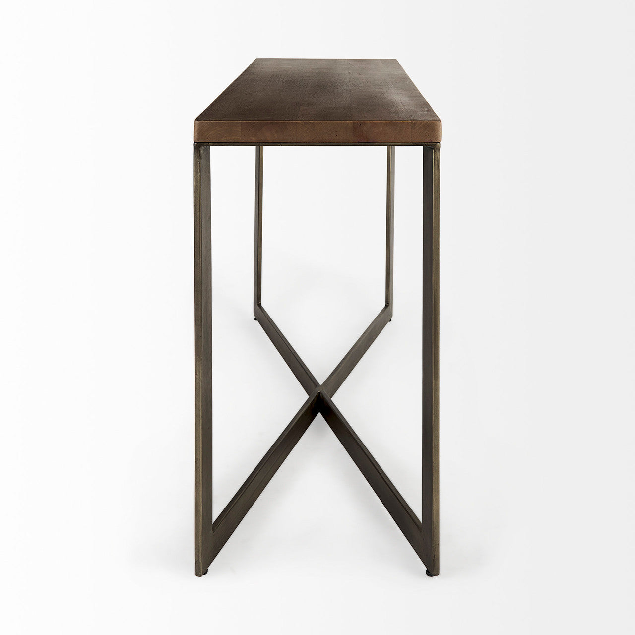 Faye 50L x 15W x 30H Medium Brown Wood W/Antique Nickel Metal Base Console Table