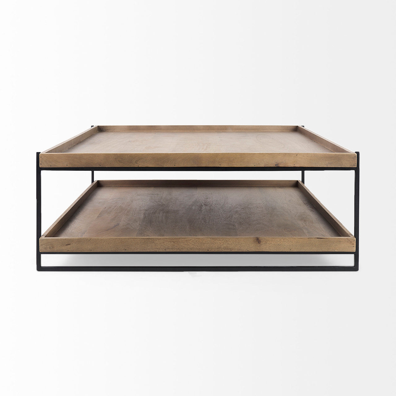 Trey 48x46 Rectangular Brown Solid Wood Top Table Black Metal Frame Two-Tier Coffee Table