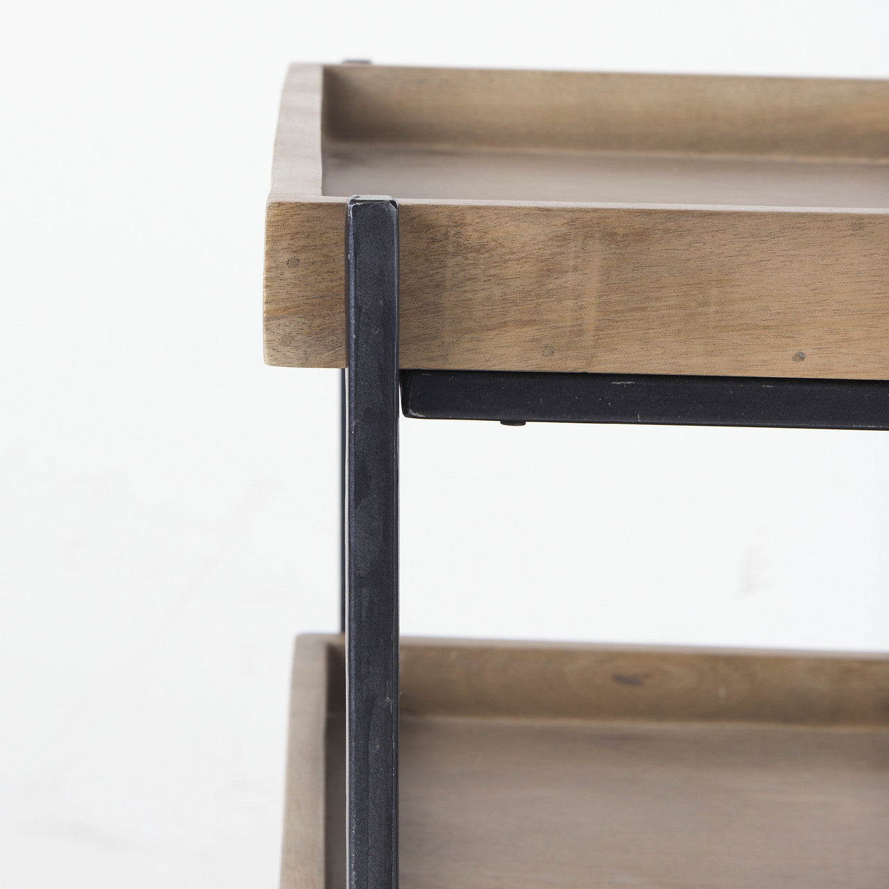 Trey III 20" x 26" Square Medium Brown Wooden Three-Tiered Black Iron Frame End/Side Table