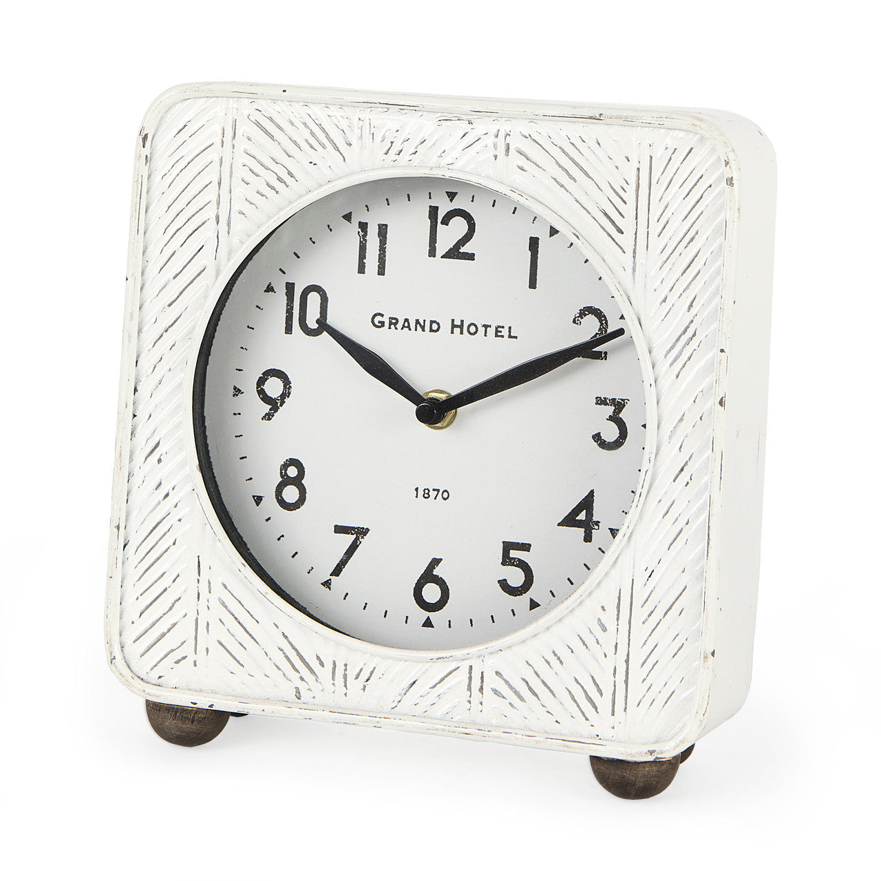 Karl 8.0L x 2.8W x 8.8H Rustic White Iron Rounded Square Table Clock