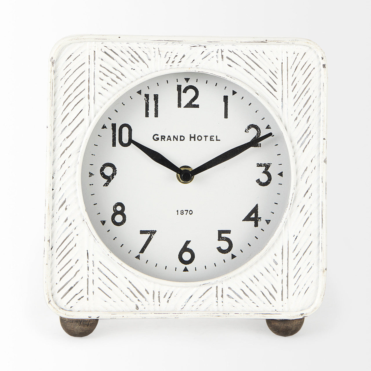 Karl 8.0L x 2.8W x 8.8H Rustic White Iron Rounded Square Table Clock