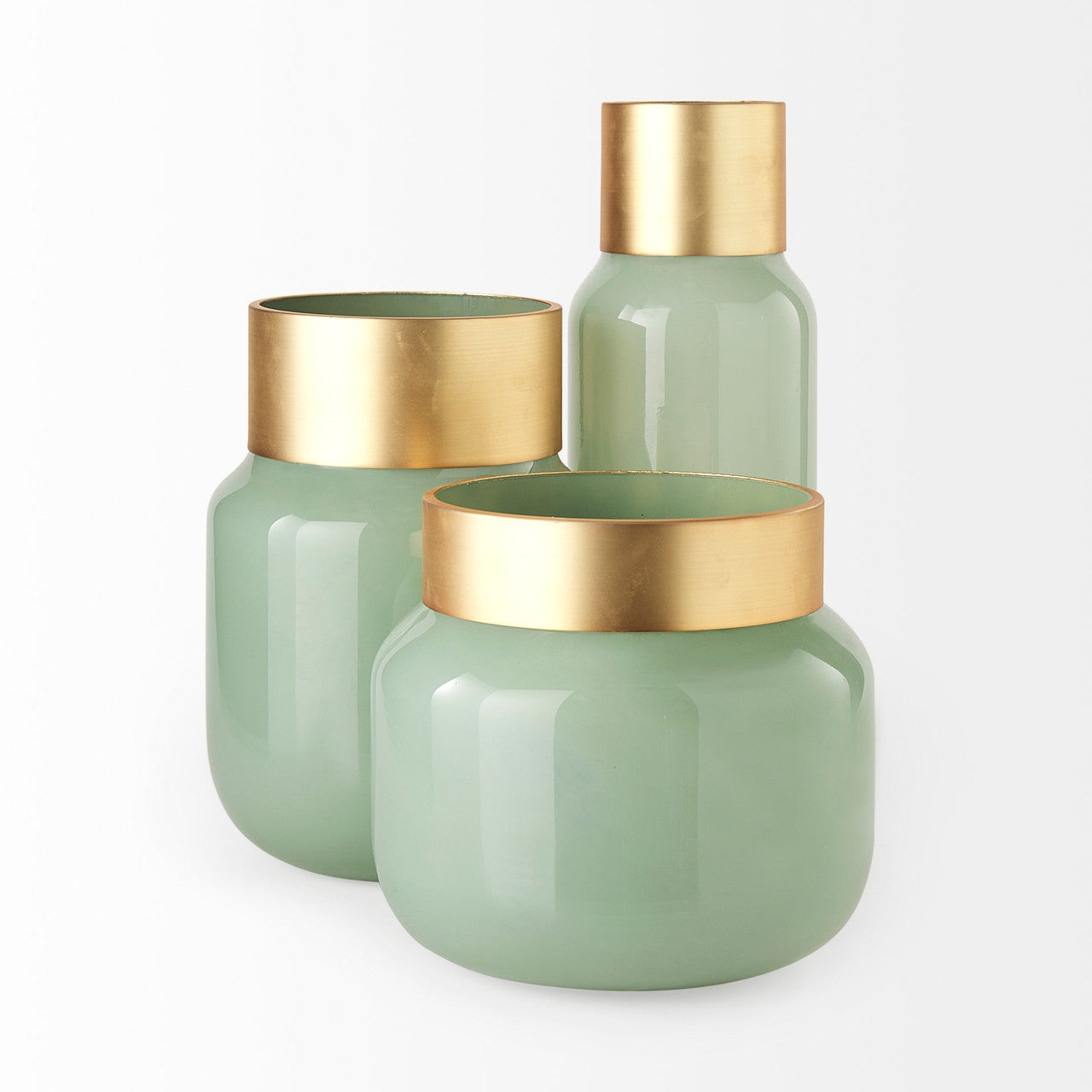 Minty  9.9L x 9.9W x 9.6H Green Glass Vase W/Matte Gold Metal Neck Cuff