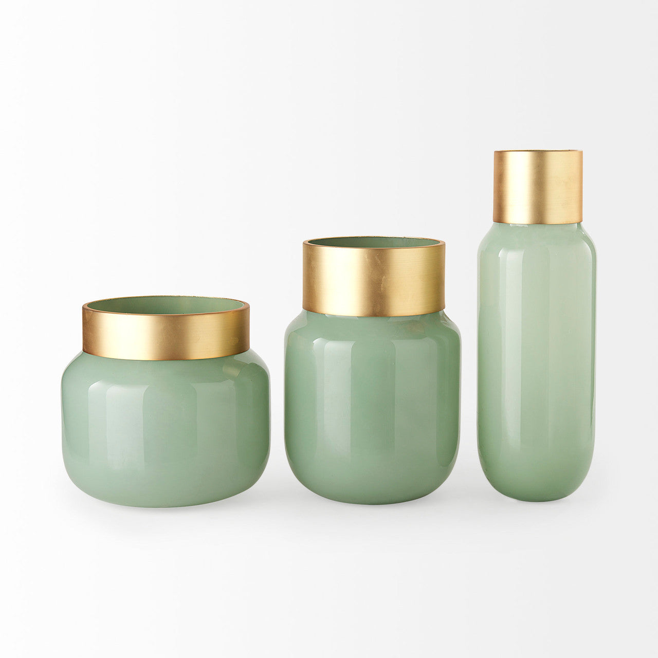 Minty Medium 8.7L x 8.7W x 12.4H Green Glass Vase W/Matte Gold Metal Neck Cuff