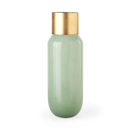 Minty  5.7L x 5.7W x 16.8H Green Glass Vase W/Matte Gold Metal Neck Cuff