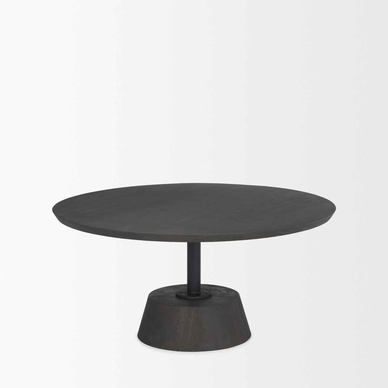 Maxwell 34L x 34W x 16H Dark Brown Wood W/ Black Metal Pedestal Base Round Coffee Table