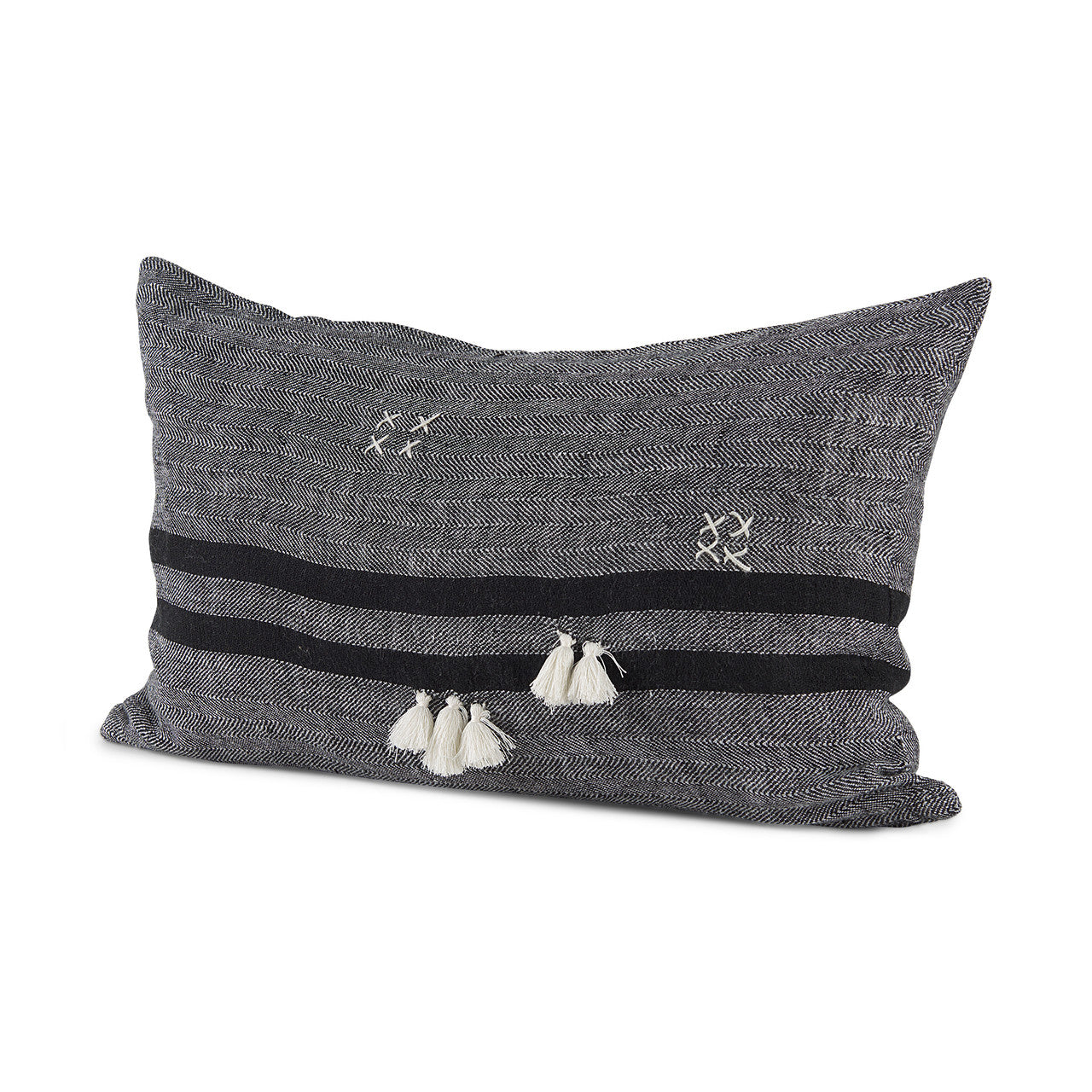 Sibyl 13L x 21W Black Fabric Striped and White Fringed Decorative Pillow Cover