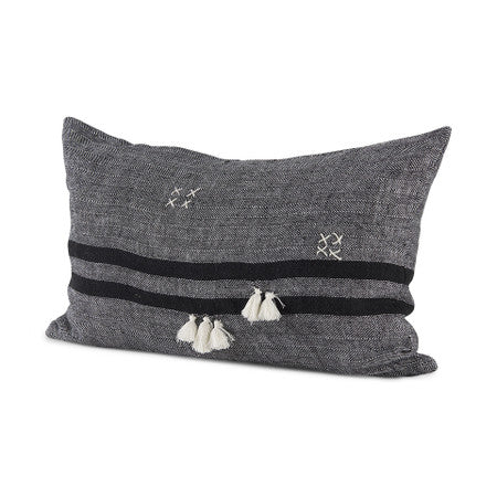 Sibyl Black Fabric Striped and White Fringed Decorative Pillow Cover