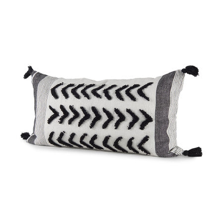 Kimia White and Black Fabric Herringbone and Fringed Decorative Pillow Cover