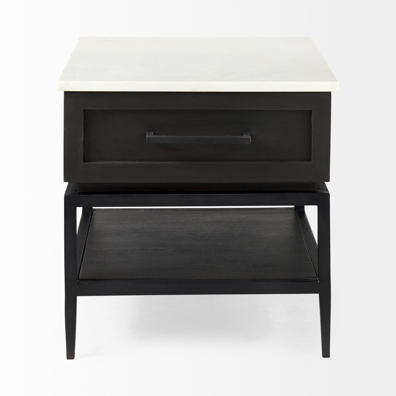 Divina Black-Brown Wood w/ White Marble Top and Black Metal Base 1 Drawer Side Table