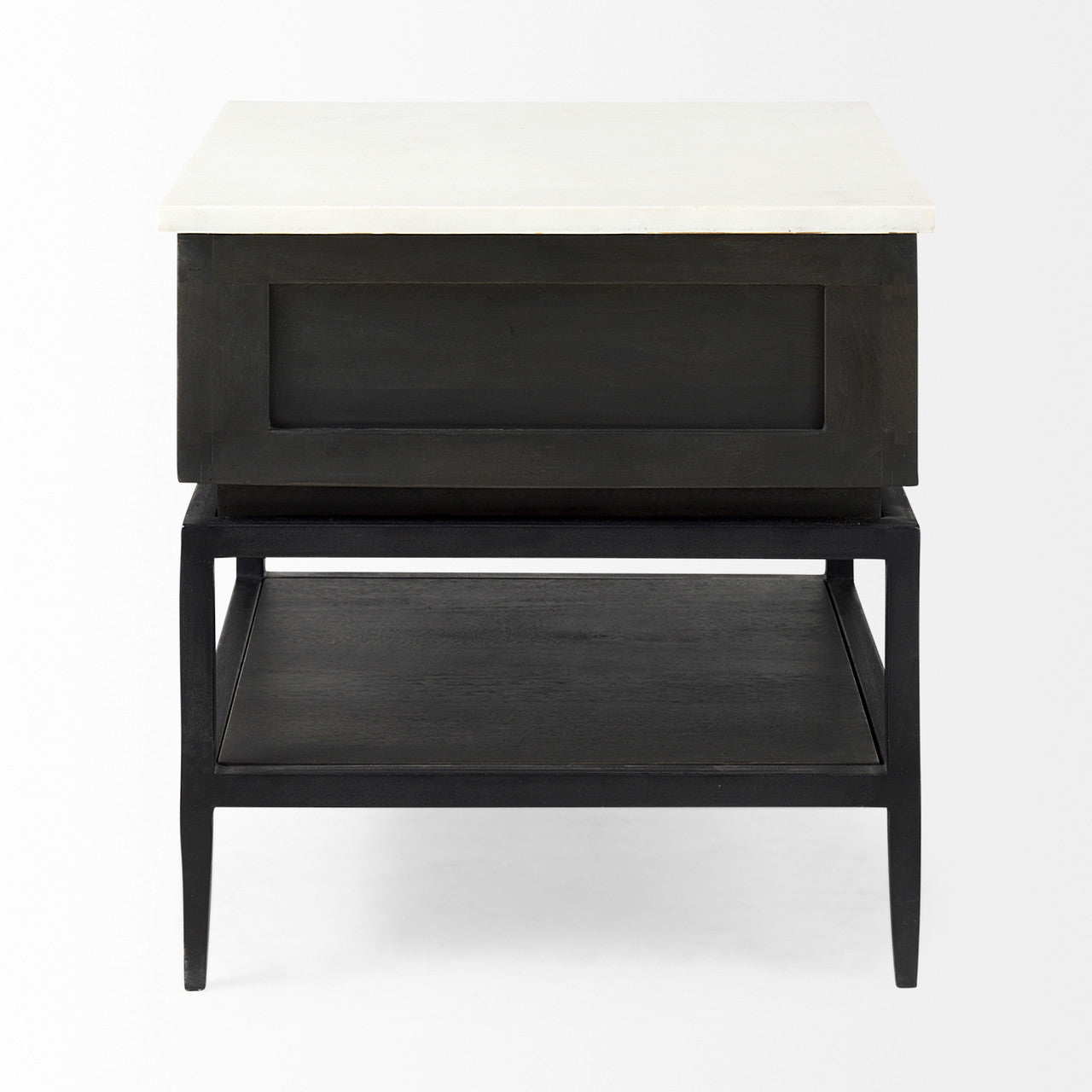Divina Black-Brown Wood w/ White Marble Top and Black Metal Base 1 Drawer Side Table