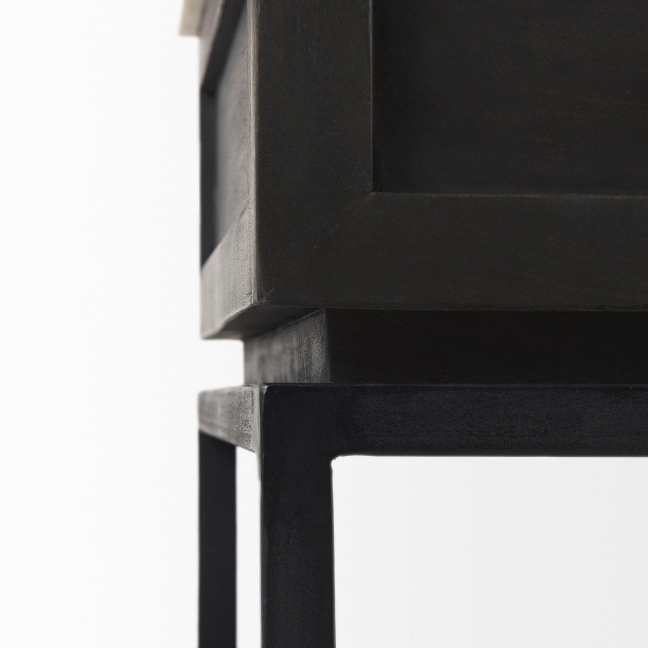 Divina Black-Brown Wood w/ White Marble Top and Black Metal Base 1 Drawer Side Table