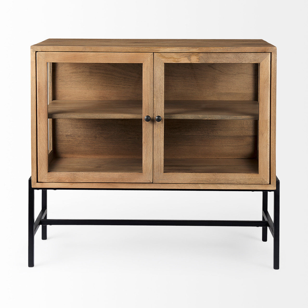 Arelius 36L x 18W x 32H Light Brown Wood, Black Metal Base w/ 2 Glass Doors Accent Cabinet