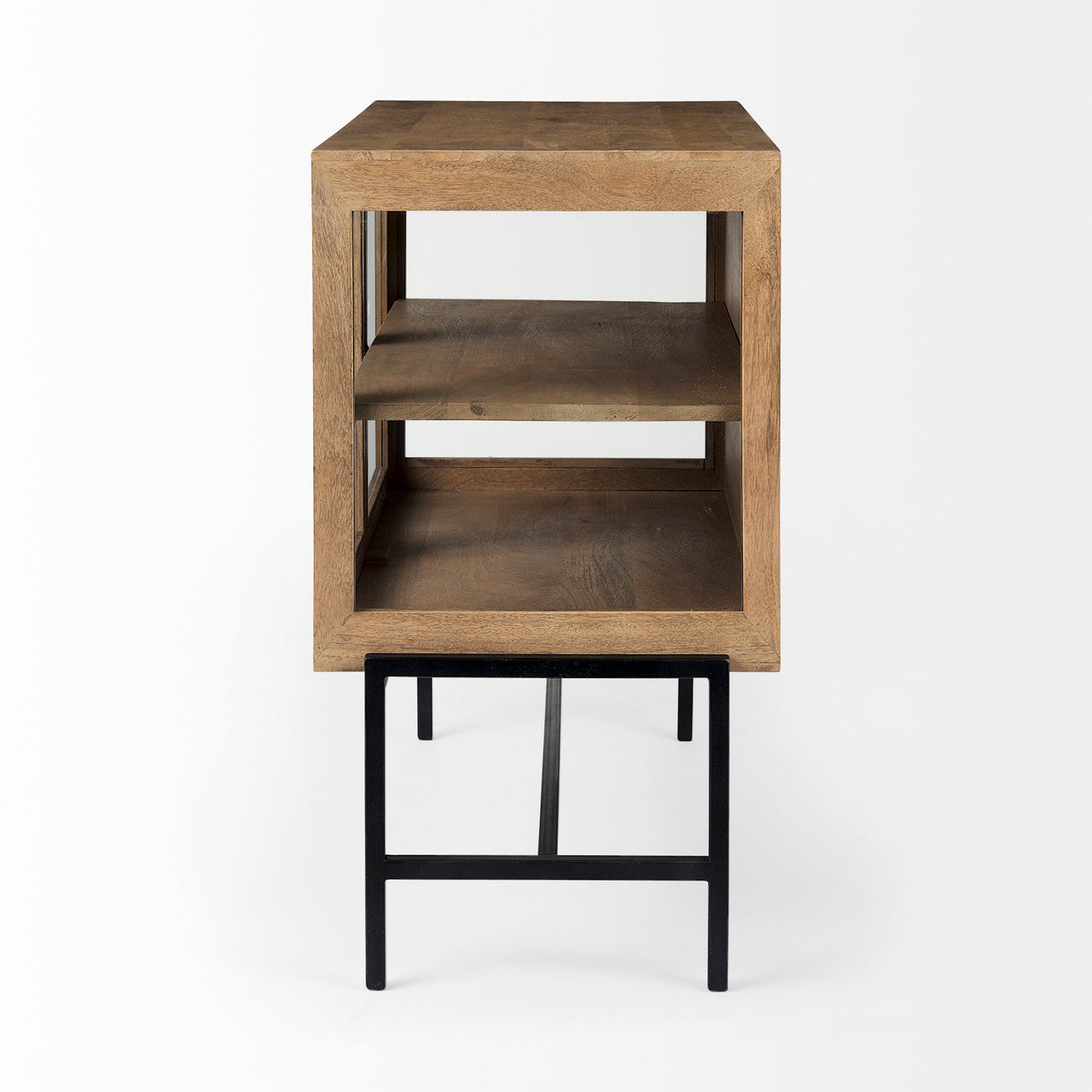 Arelius 36L x 18W x 32H Light Brown Wood, Black Metal Base w/ 2 Glass Doors Accent Cabinet