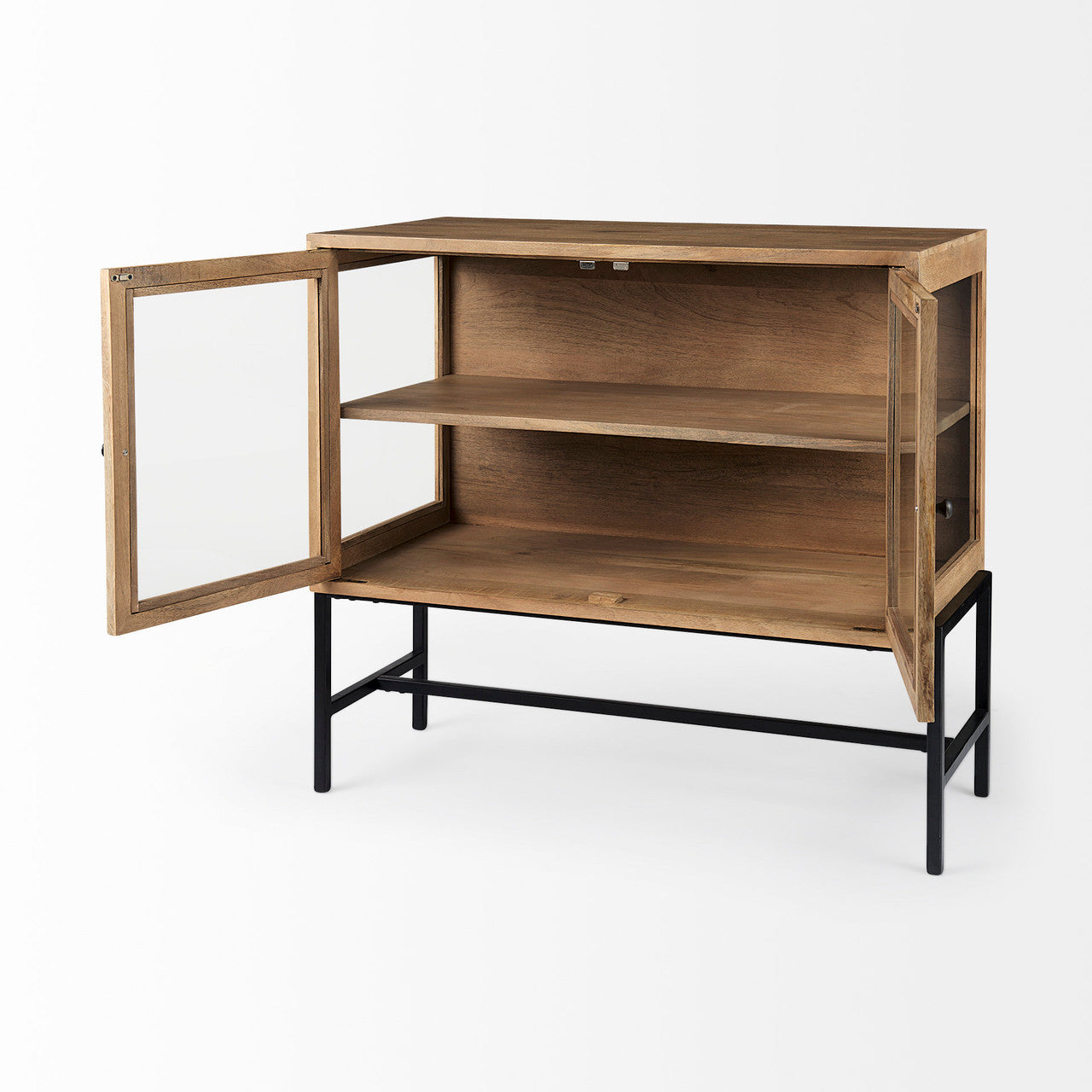 Arelius 36L x 18W x 32H Light Brown Wood, Black Metal Base w/ 2 Glass Doors Accent Cabinet