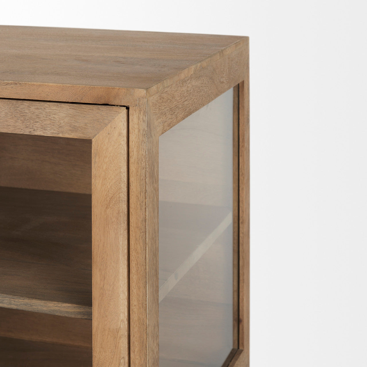 Arelius 36L x 18W x 32H Light Brown Wood, Black Metal Base w/ 2 Glass Doors Accent Cabinet