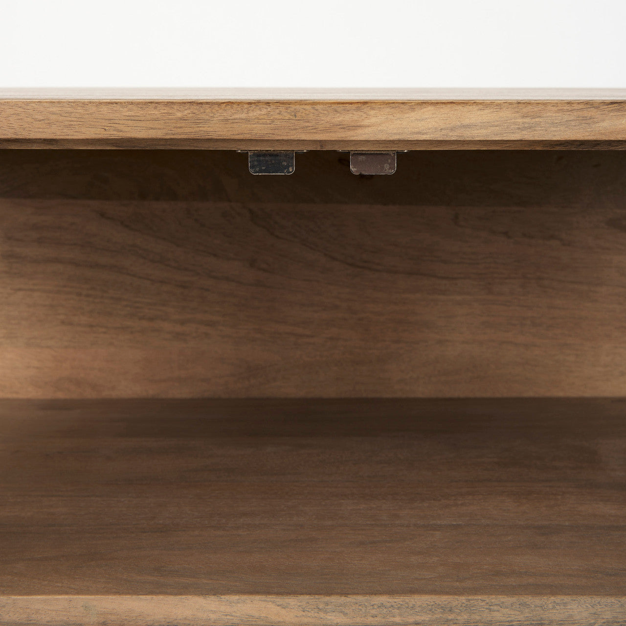 Arelius 36L x 18W x 32H Light Brown Wood, Black Metal Base w/ 2 Glass Doors Accent Cabinet
