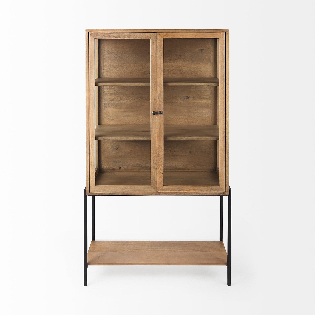 Arelius 36L x 18W x 63H Light Brown Wood W/ Black Metal Base Display Cabinet