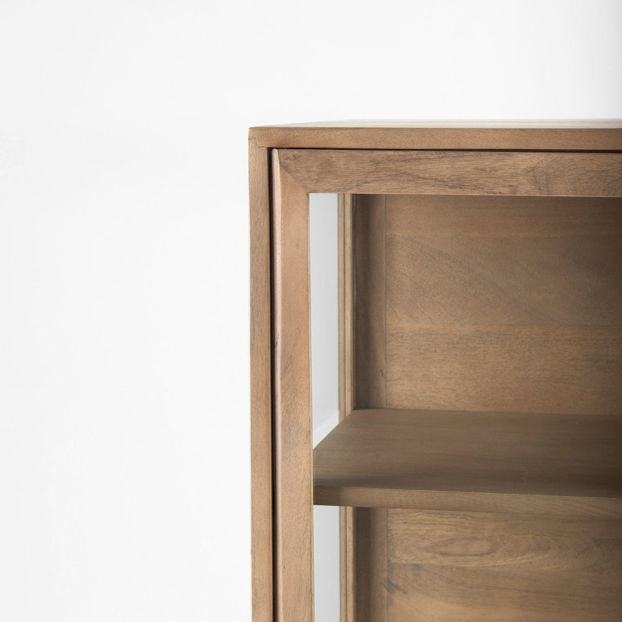 Arelius 36L x 18W x 63H Light Brown Wood W/ Black Metal Base Display Cabinet