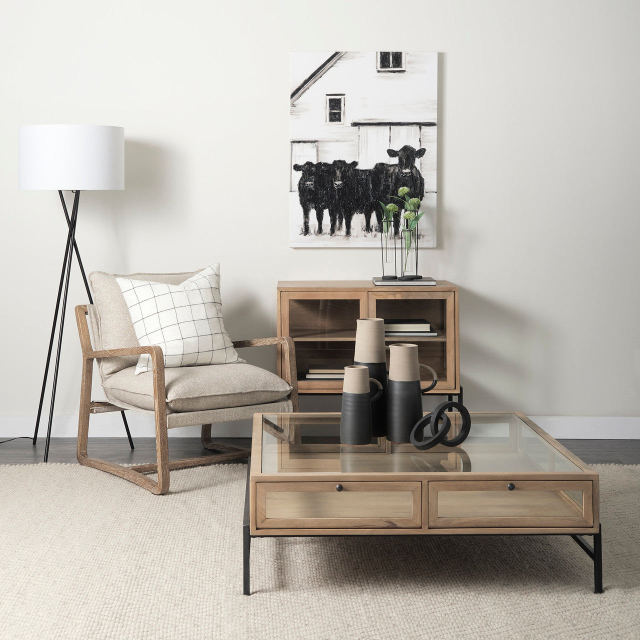 Arelius 36L x 18W x 32H Light Brown Wood, Black Metal Base w/ 2 Glass Doors Accent Cabinet