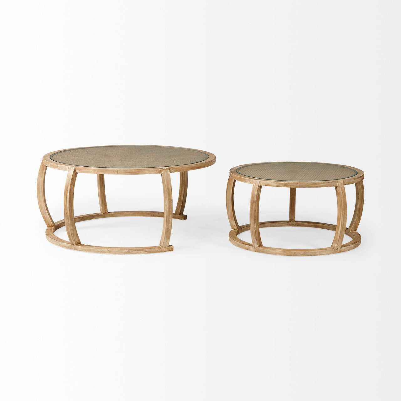 Hubbard Set of 2 Round Woven Cane w/Glass Top Solid Wood Base Coffee Tables