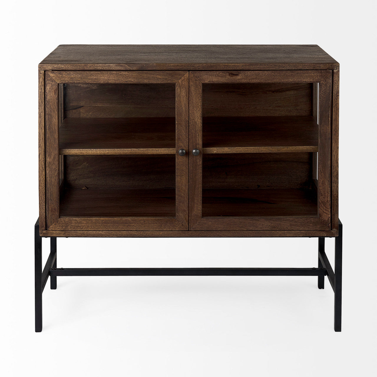Arelius 36L x 18W x 32H Medium Brown Wood, Black Metal Base w/ 2 Glass Doors Accent Cabinet