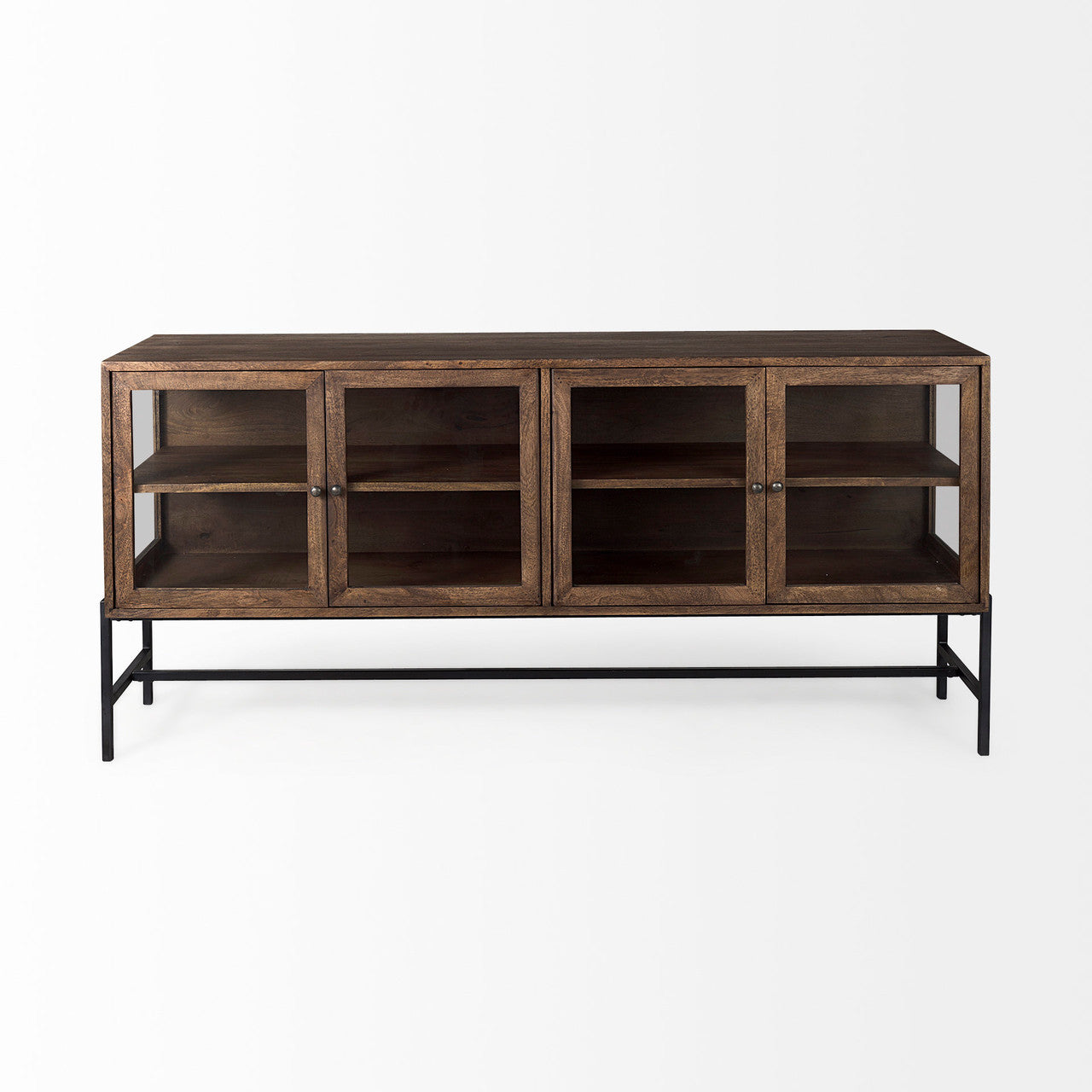 Arelius 70L x 18W x 32H Medium Brown, Black Metal Base w/ 4 Glass Door Cabinets Sideboard