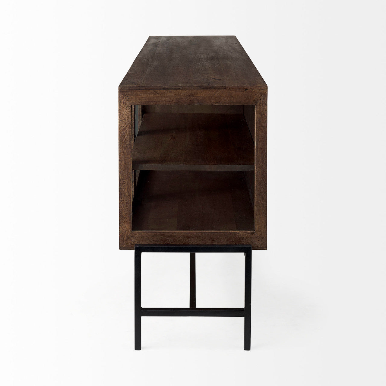 Arelius 70L x 18W x 32H Medium Brown, Black Metal Base w/ 4 Glass Door Cabinets Sideboard