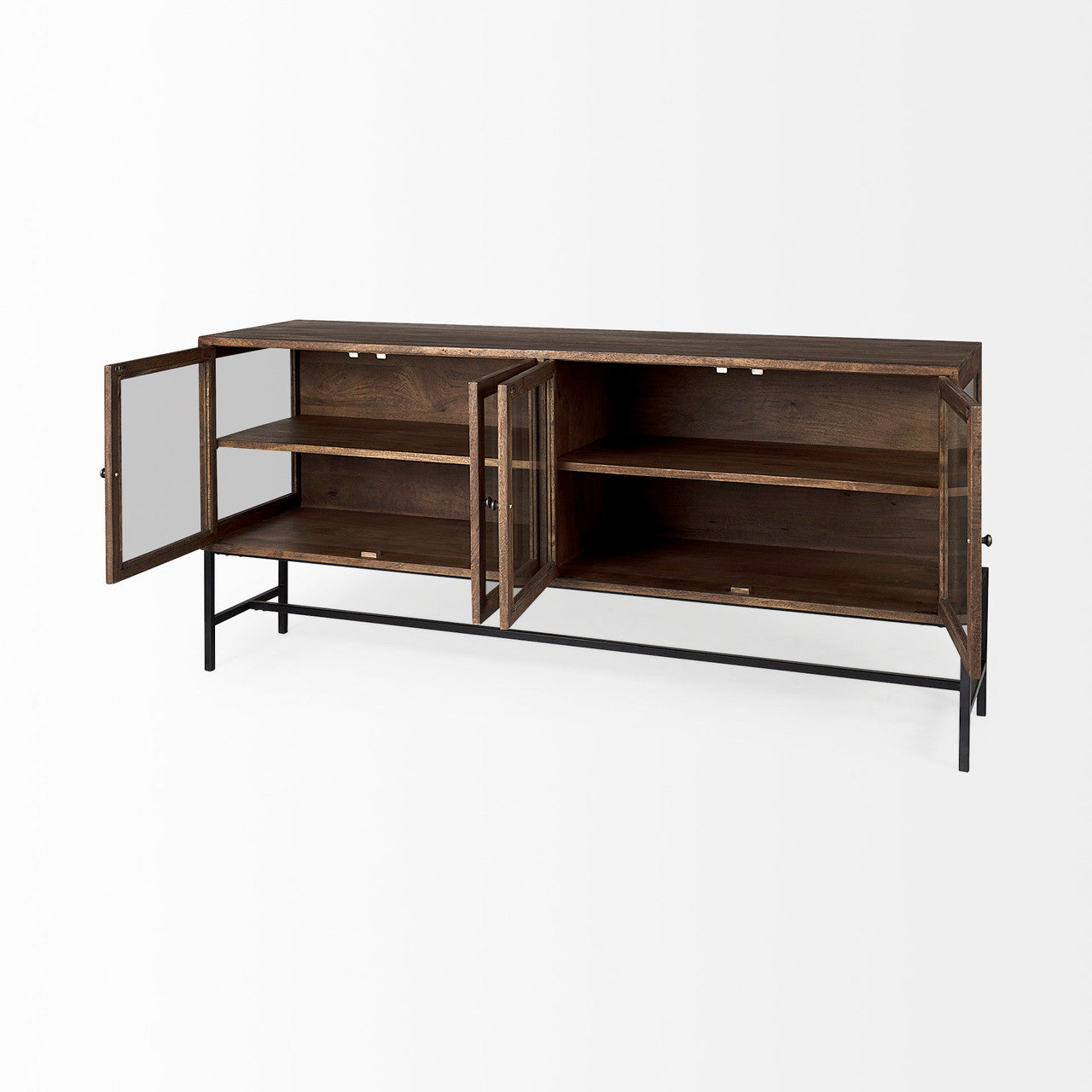 Arelius 70L x 18W x 32H Medium Brown, Black Metal Base w/ 4 Glass Door Cabinets Sideboard