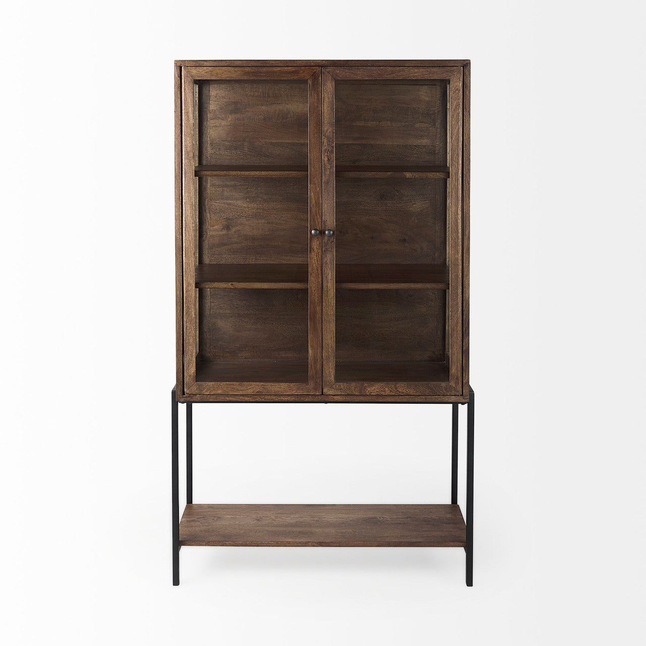 Arelius 36L x 18W x 63H Medium Brown Wood W/ Black Metal Base Display Cabinet